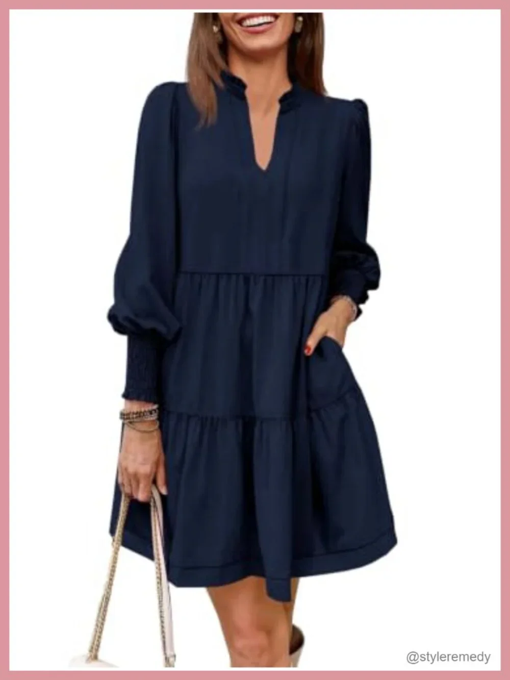 Women's Long Sleeve Tiered Swing Dress with Ruffled Collar, Puff Sleeves